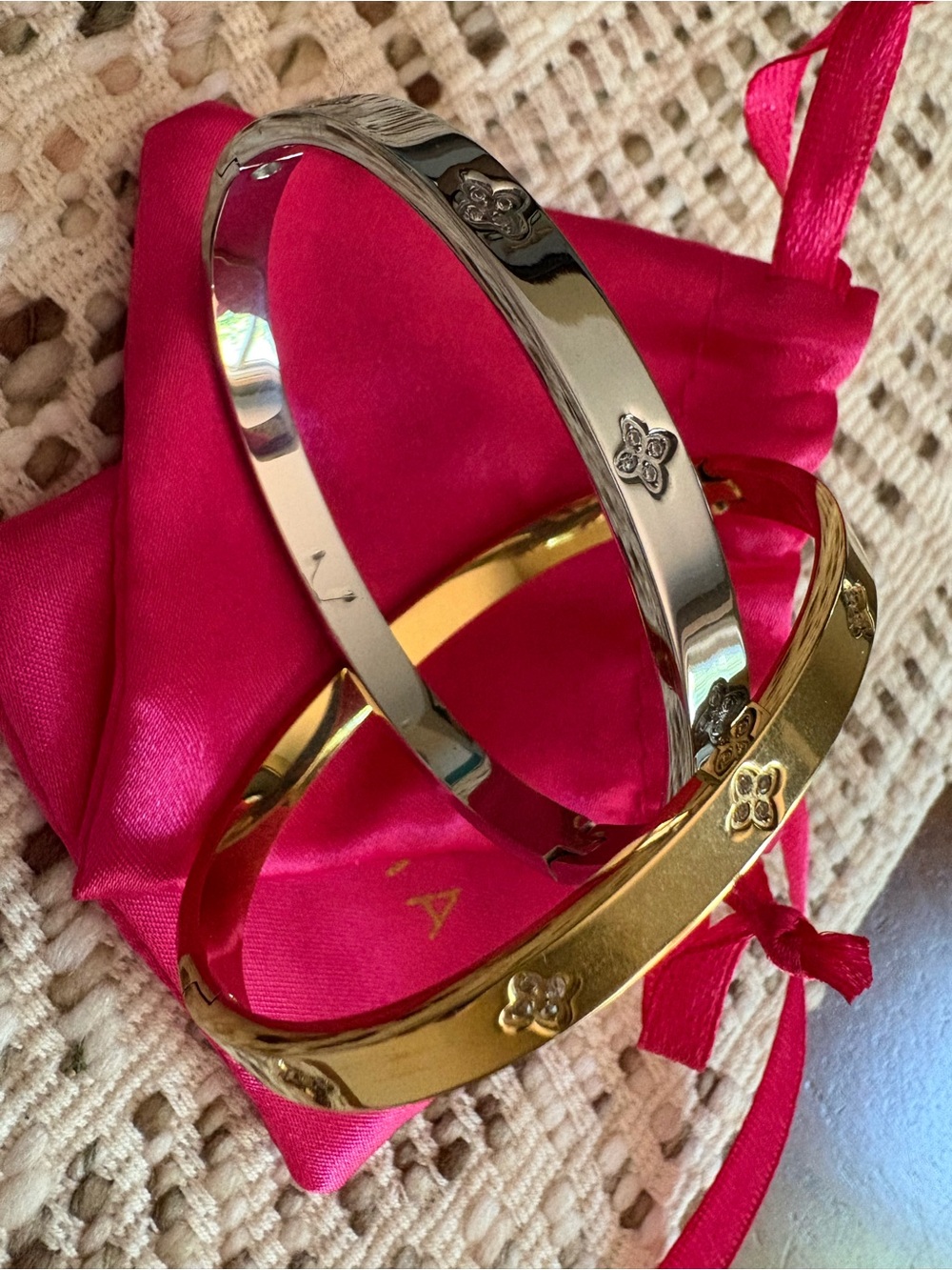 Adornia Silver Tone Hinged Bangle Bracelet with Pink Pouch